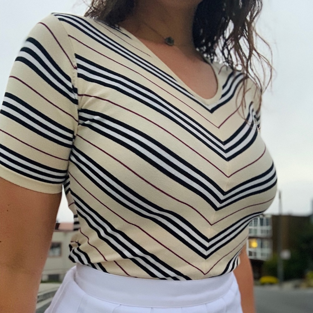 J. CREW Beige B&W Striped V-neck Top